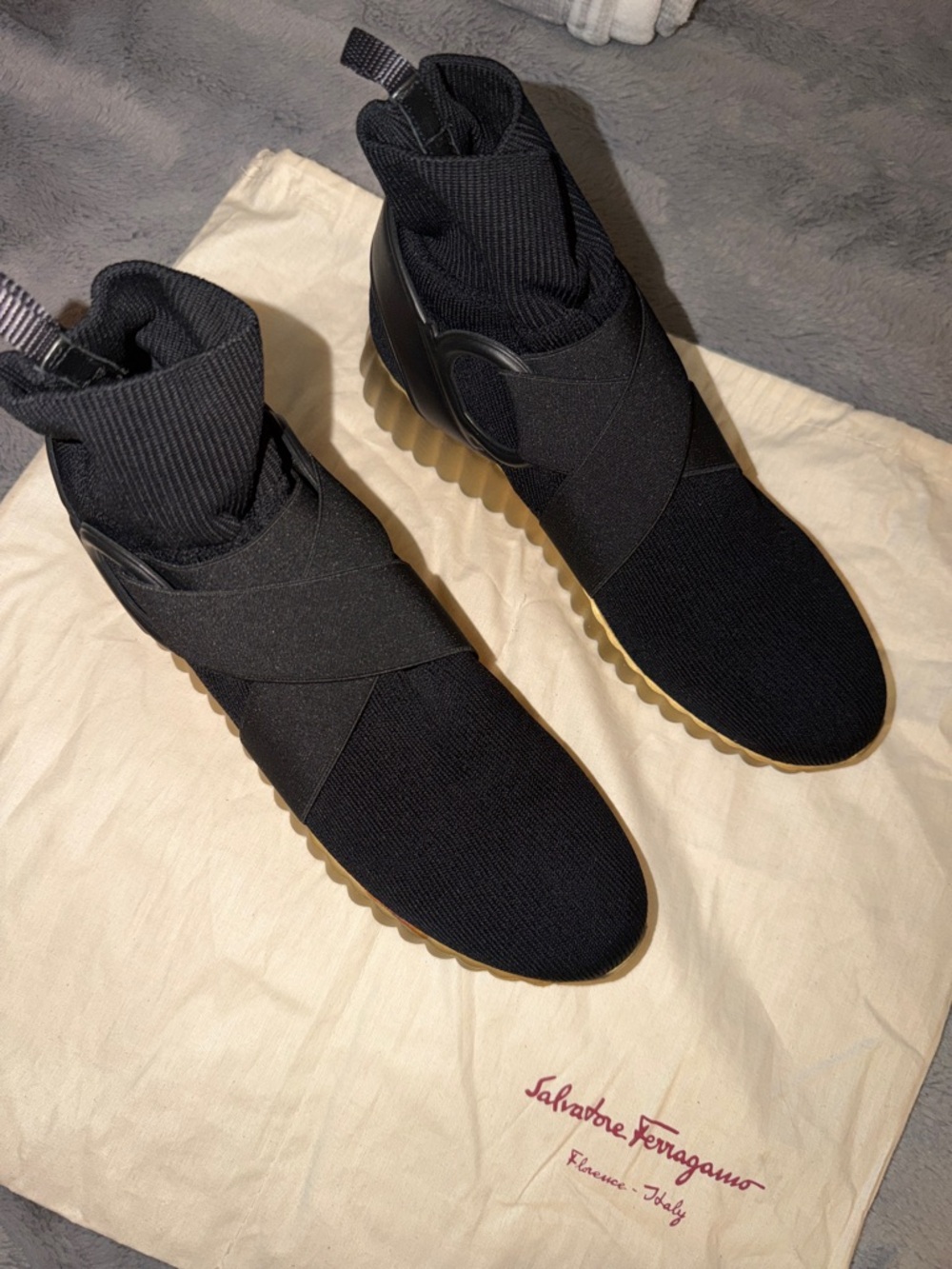 Never worn Salvatore Ferragamo Black Noto-knit sock sneakers size 7.5 Dust bag.